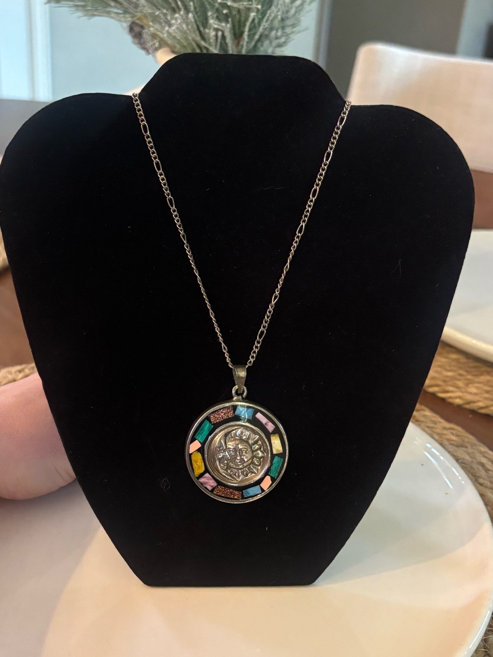 Vintage Mexico Silver Tone Aztec Sun God Mosaic Inlay Pendant Necklace 24"